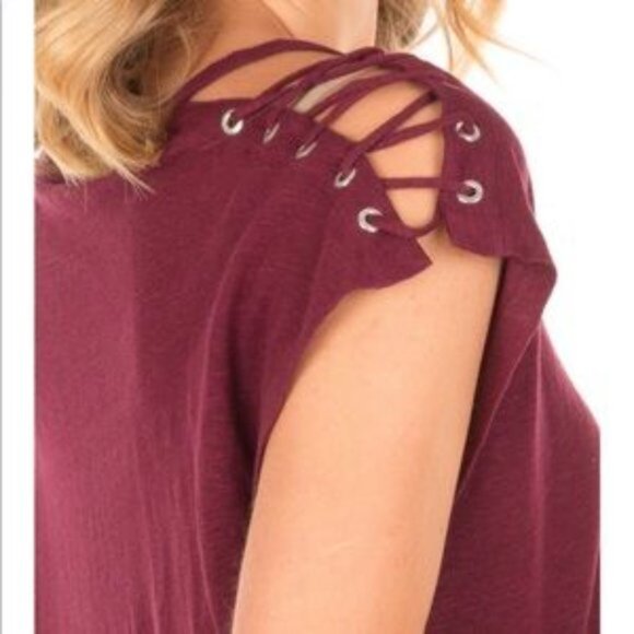 NWT IRO Amery Shoulder Tie T-Shirt in Burgundy 100% Linen Size L - Picture 2 of 12